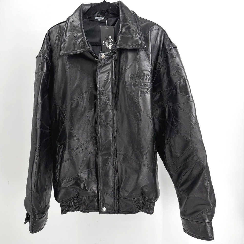 Hard Rock Hotel & Casino Biloxi Black Patchwork Leather Bomber Jacket NEW XL
